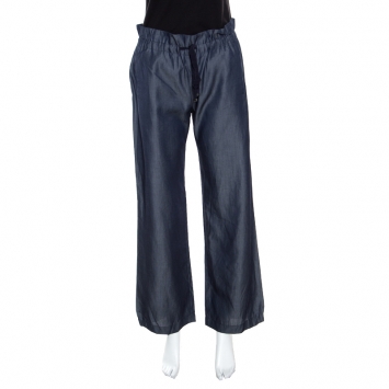 Pre Owned Emporio Armani Navy Blue Chambray Wide Leg Paperbag Pants S