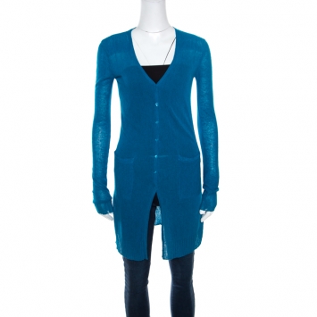 Pre Owned Emporio Armani Teal Blue Knit Long Cardigan S