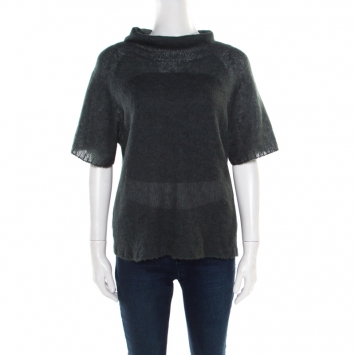 Pre Owned Emporio Armani Grey Loose Knit Short Sleeve High Neck Sweater M