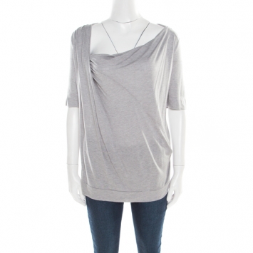 Pre Owned Emporio Armani Grey Modal and Silk Jersey Asymmetric Draped Front Top L