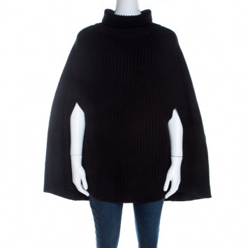 Pre Owned Emporio Armani Black Chunky Rib Knit Cotton Wool Turtleneck Cape M