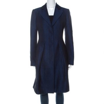 Pre Owned Emporio Armani Blue Wool Jacquard Mid Length A-Line Coat M 