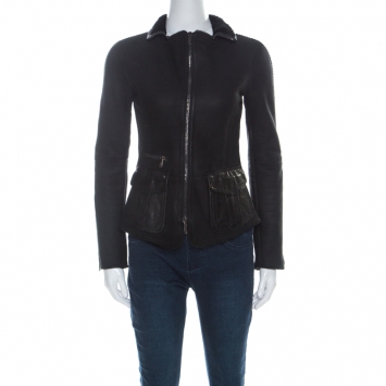 Pre Owned Emporio Armani Black Lamb Skin Shearling Detail Jacket S