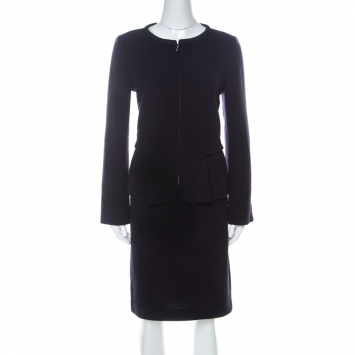 Pre Owned Emporio Armani Navy Blue Wool Zip Front Skirt Suit M