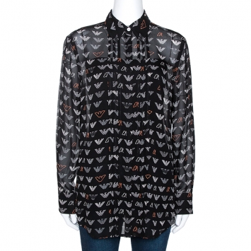 Pre Owned Emporio Armani Black Chiffon Logo Print Sheer Blouse M 