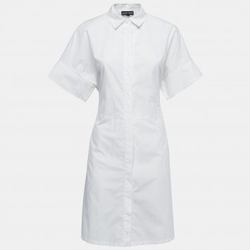 Pre Owned Emporio Armani White Cotton Button Front Belted Short Shirt Dress S