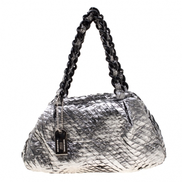 Pre Owned Armani Collezioni Silver Coated Nylon Chain Satchel