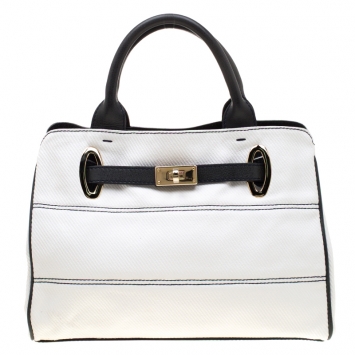 Pre Owned Emporio Armani White/Blue Coated Canvas and Leather Tote