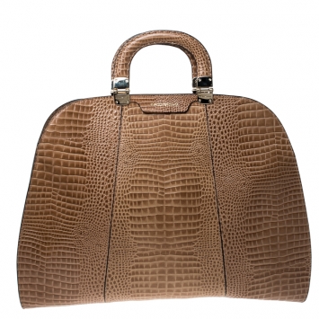 Pre Owned Emporio Armani Light Brown Croc Embossed Leather Satchel