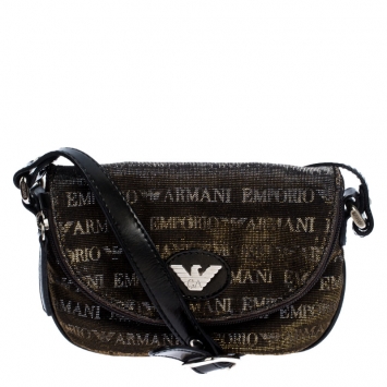 Pre Owned Emporio Armani Black/Gold Signature Print Lame Fabric Flap Crossbody Bag