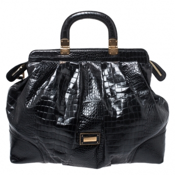 Pre Owned Emporio Armani  Black Croc Embossed Leather Satchel