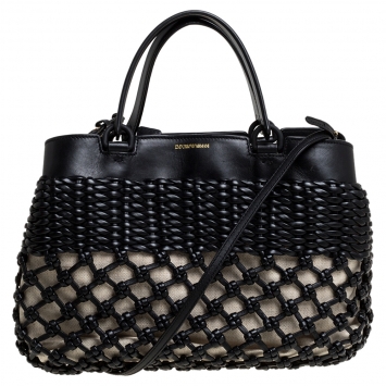 Pre Owned Emporio Armani Black/Beige Leather and Canvas Woven Knot Shoulder Bag