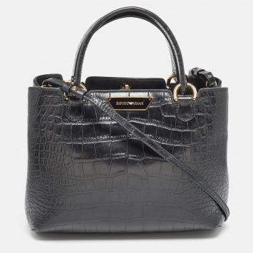Pre Owned Emporio Armani Black Croc Embossed Leather Small Beverly Tote