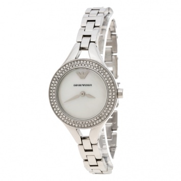 Pre Owned Emporio Armani White Mother of Pearl Stainless Steel Chiara AR8038 Women's Wristwatch 28 mm 