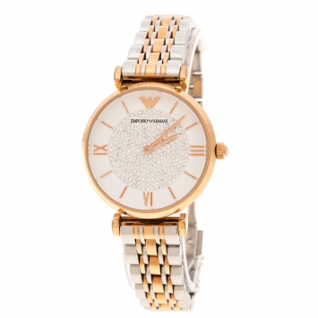 Pre Owned Emporio Armani White Crystal Two Tone Stainless Steel AR1926 Women's Wristwatch 32MM