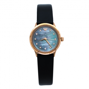 Pre Owned Emporio Armani Black Mother Of Pearl Rose Gold Tone Stainless Steel Leather Classic AR1802 Women's Wristwatch 27 mm