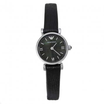 Pre Owned Emporio Armani Black Mother Of Pearl Stainless Steel Leather Classic Retro AR1684 Women's Wristwatch 22 mm