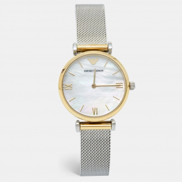 Pre Owned Emporio Armani Mother of Pearl Two Tone Stainless Steel AR2068 Women's Wristwatch 32 mm 