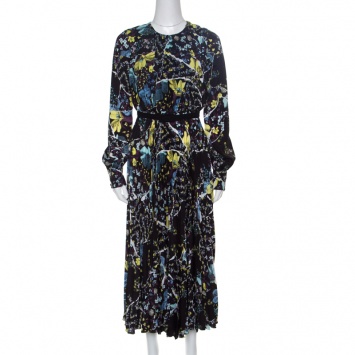 Pre Owned Erdem Black Floral Print Pleated Belted Long Sleeve Rhona Dress S
