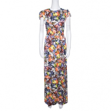 Pre Owned Erdem Floral Printed Silk  Belted Cap Sleeve Aurelia Maxi Dress S