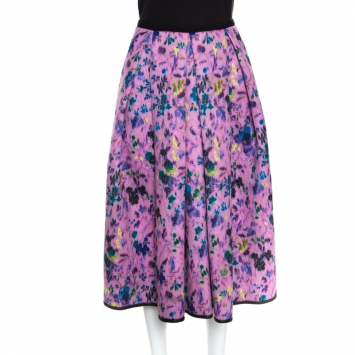 Pre Owned Erdem Pink Perforated Floral Print Ina Moreau Pleated Midi Skirt M