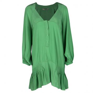 Pre Owned Ermanno Scervino Green Silk Pintuck Detail Long Sleeve Tunic M