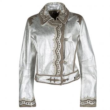 Pre Owned Ermanno Scervino Metallic Silver Goat Skin Leather Embellished Jacket M