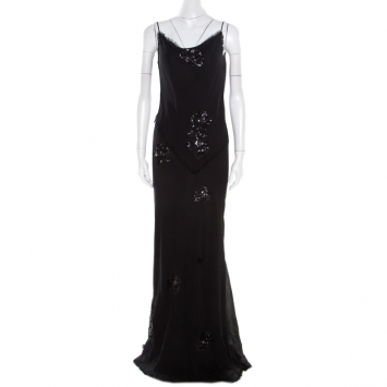 Pre Owned Ermanno Scervino Black Crinkled Silk Frayed Trim Sequined Maxi Dress L