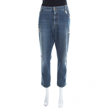 Pre Owned Ermanno Scervino Indigo Faded Effect Floral Embellished Distressed Jeans L