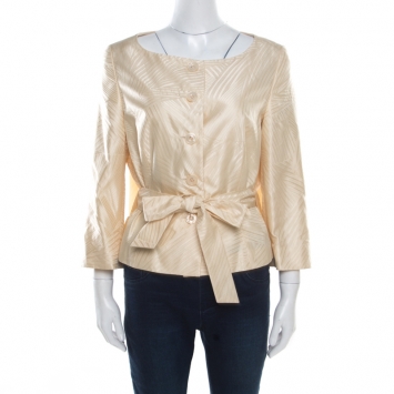 مملوكة مسبقًا Escada Cream Silk Jacquard Waist Tie Detail Button Front Jacket M