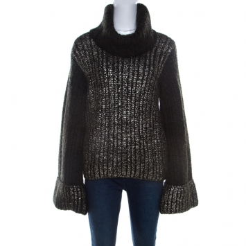 Pre Owned Escada Green Foil Printed Mohair Blend Turtleneck Sweater L