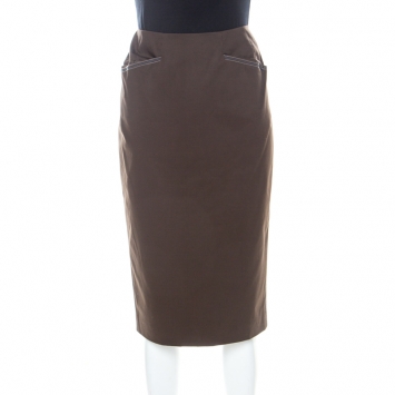 Pre Owned Escada Military Green Cotton Topstitch Detail Pencil Skirt M
