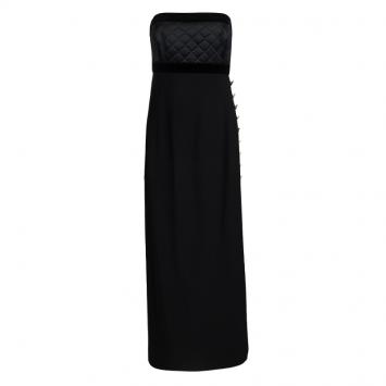 Pre Owned Escada Couture Black Quilted Velvet Trim Strapless Maxi Dress S