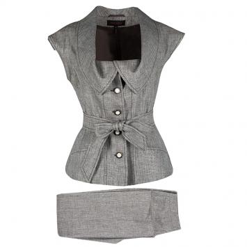 Pre Owned Escada Brown and White Textured Belted Vest and Trouser Set S