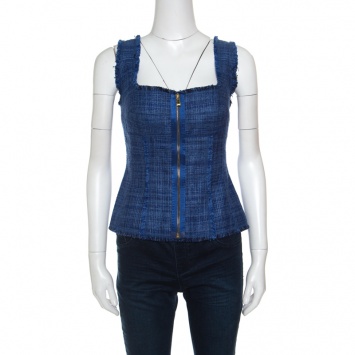 Pre Owned Escada Blue Textured Fringe Trim Zip Front Sleeveless Top M