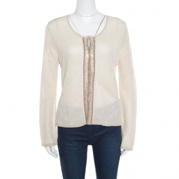 Pre Owned Escada Beige Lurex Knit Embellished Cardigan M