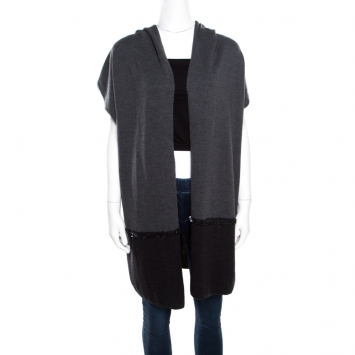 Pre Owned Escada Grey Dark Diamond Wool and Silk Open Front Sleeveless Hooded Cardigan M