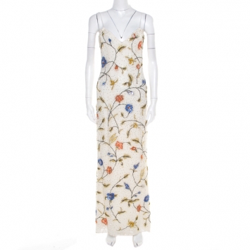 Pre Owned Escada Off White Floral Embellished Silk Sleeveless Maxi Dress S