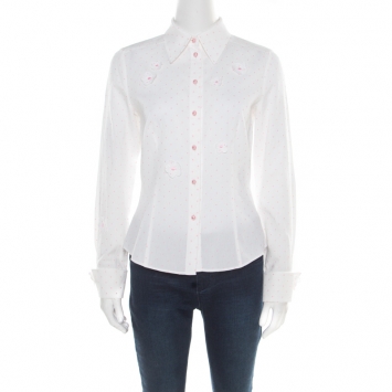 Pre Owned Escada White and Pink Cotton Dotted Floral Applique Long Sleeve Shirt M