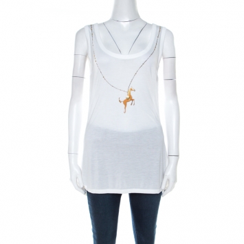 Pre Owned Escada White Horse Necklace Print Jersey Embellished Vest L