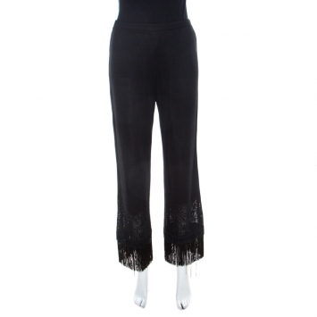Pre Owned Escada Black Stretch Knit Fringed Hem Elasticized Waist Pants M 