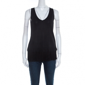 Pre Owned Escada Black Stretch Knit Fringed Hem Sleeveless Top M 