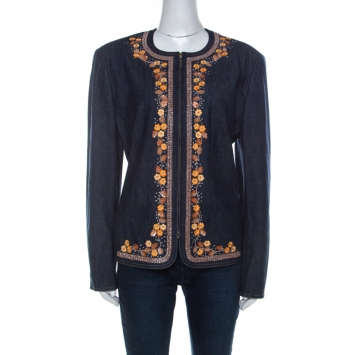 مملوكة مسبقًا Escada Blue Denim Floral Embroidery Embellished Detail Zipped Jacket XL