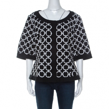 Pre Owned Escada Black Contrast Embroidery Knit Short Sleeve Jacket XL
