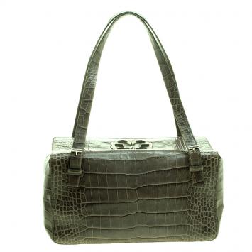 Pre Owned Escada Green Croc Embossed Leather Satchel