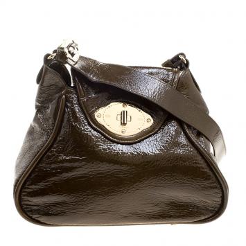 Pre Owned Escada Olive Green Distressed Patent Leather Crossbody Bag