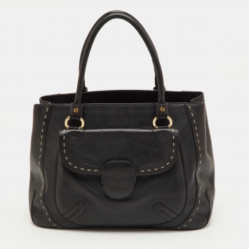 Pre Owned Escada Front Pocket Black Leather Tote