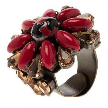 Pre Owned Etro Red Cabochon & Crystal Flower Ring Size 54.5