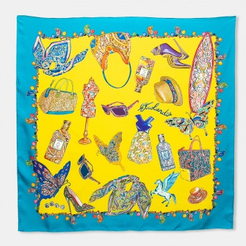 Pre Owned Etro Yellow & Blue Printed Silk Square Scarf 