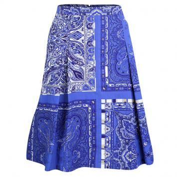 Pre Owned Etro Blue Paisley Printed Cotton Pleated Skirt L
